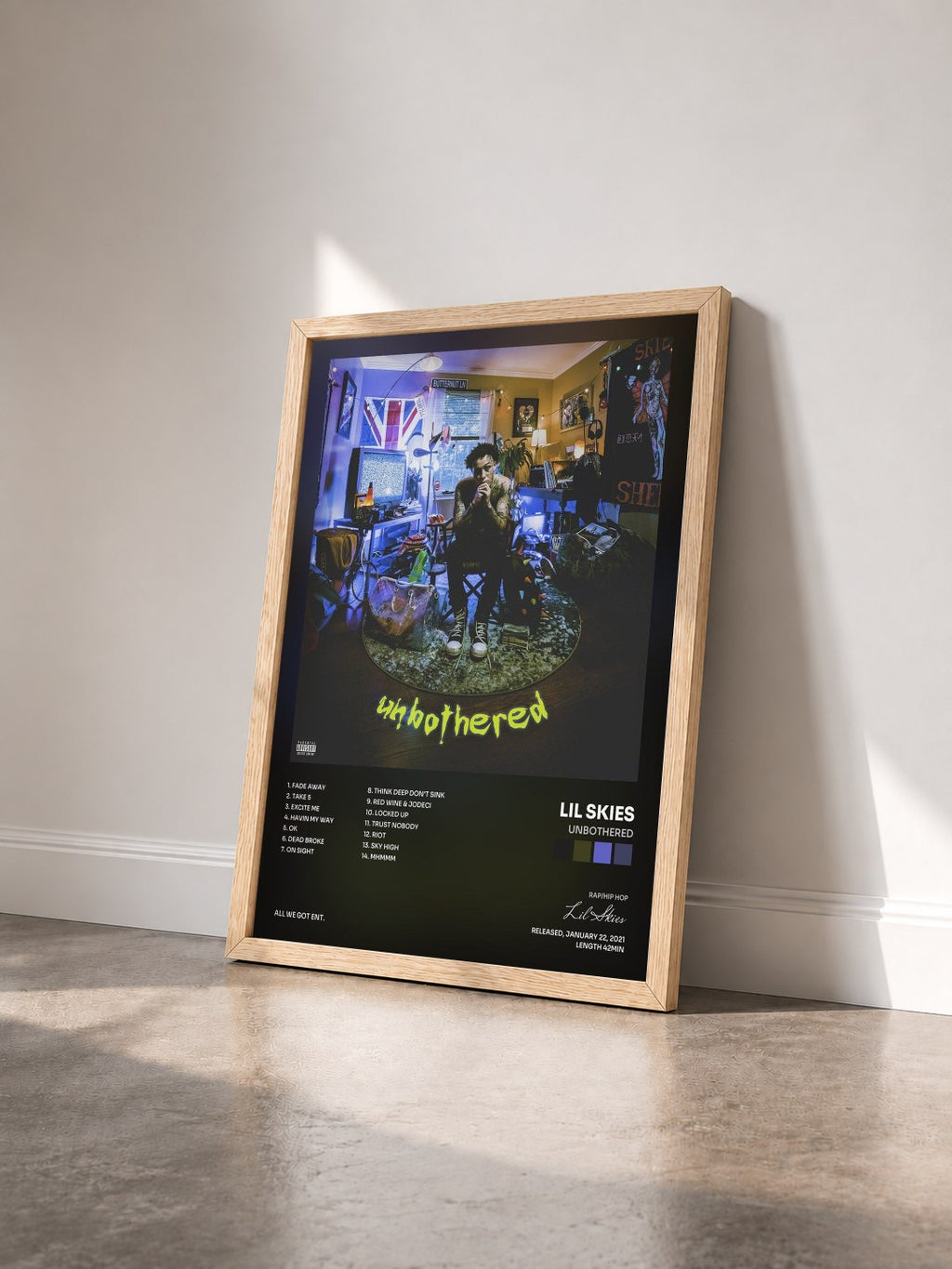 #bois Tableau de l'album Unbothered de Lil Skies vu de trois quarts, cadre en bois brut