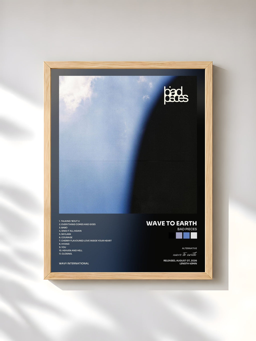 #bois Tableau de l'album bad pieces de wave to earth, cadre en bois brut, imprimé et encadré en France