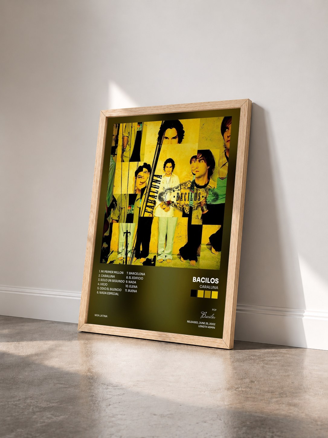 #bois Tableau de l'album Caraluna de Bacilos vu de trois quarts, cadre en bois brut