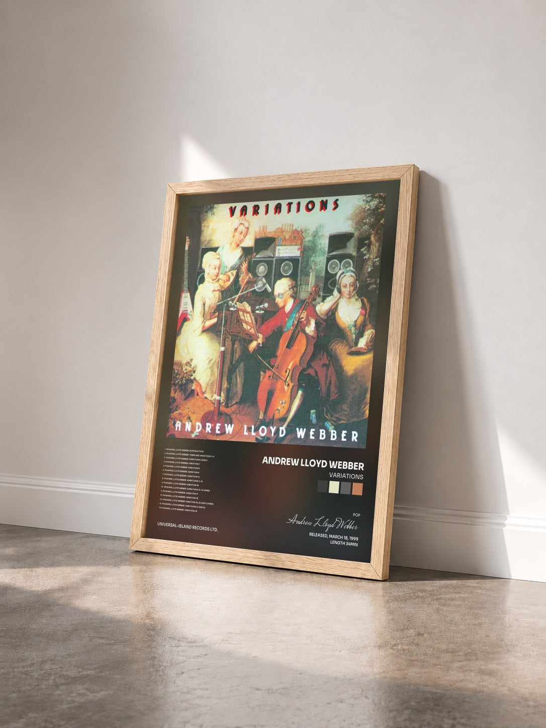 #bois Tableau de l'album Variations de Andrew Lloyd Webber vu de trois quarts, cadre en bois brut