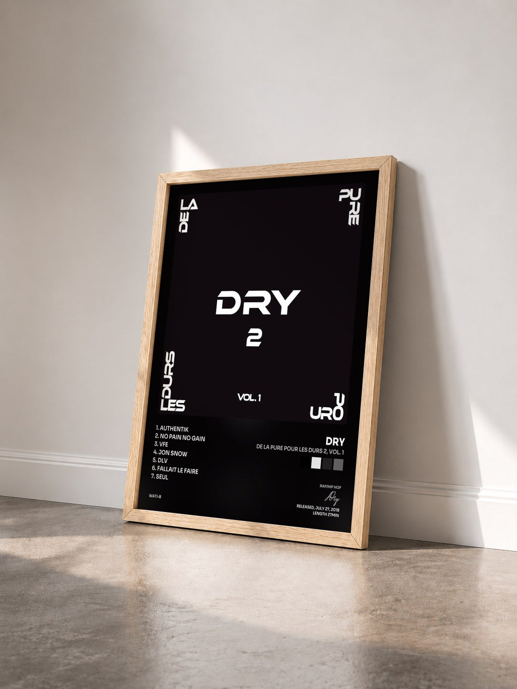 #bois Tableau de l'album De la pure pour les durs 2, Vol. 1 de Dry vu de trois quarts, cadre en bois brut
