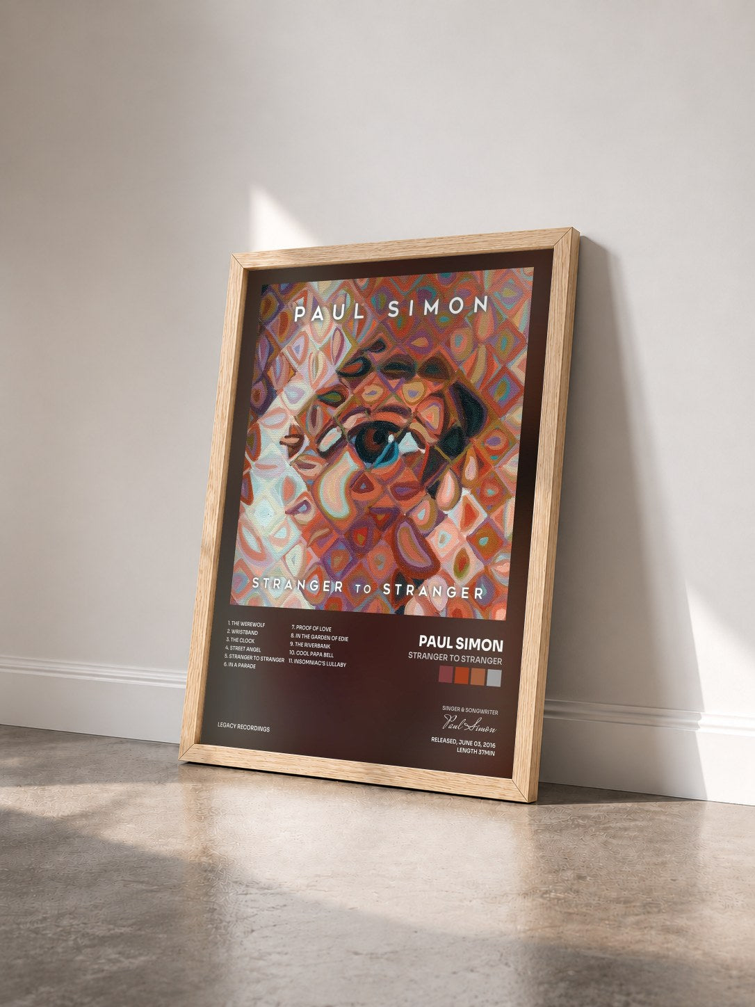 #bois Tableau de l'album Stranger To Stranger de Paul Simon vu de trois quarts, cadre en bois brut