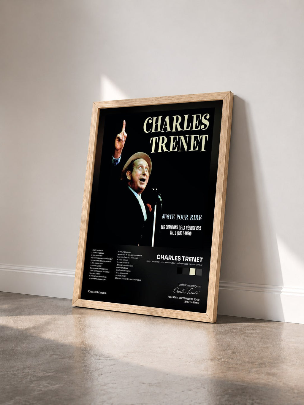 #bois Tableau de l'album Juste pour rire - Les chansons de la période CBS 1981-1986, Vol. 2 de Charles Trenet vu de trois quarts, cadre en bois brut