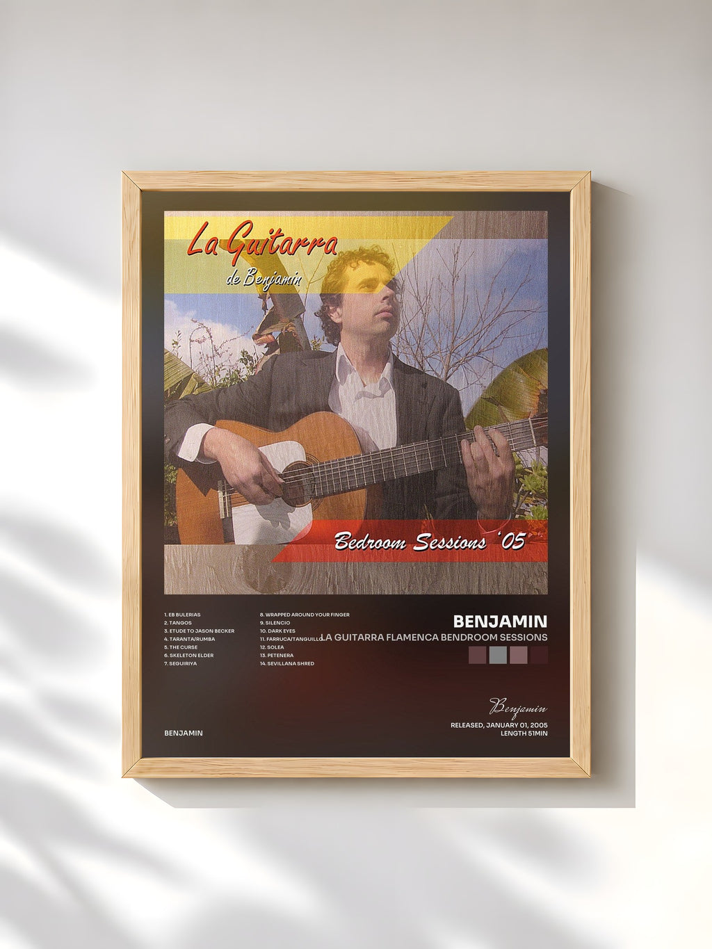 #bois Tableau de l'album La Guitarra Flamenca Bendroom Sessions de Benjamin, cadre en bois brut, imprimé et encadré en France