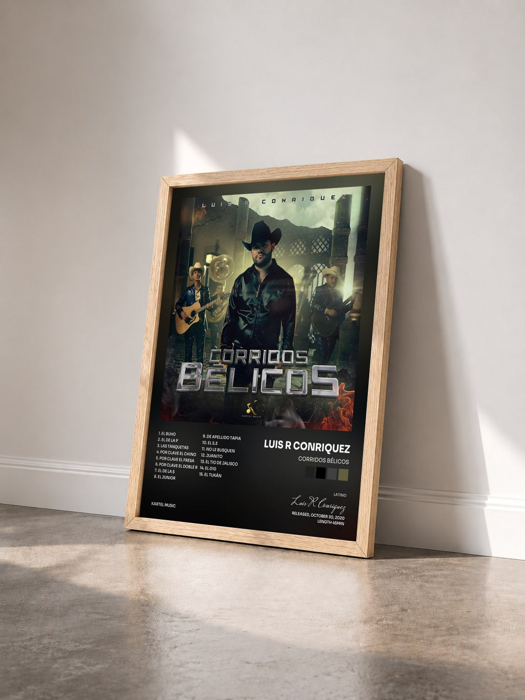 #bois Tableau de l'album Corridos Bélicos de Luis R Conriquez vu de trois quarts, cadre en bois brut