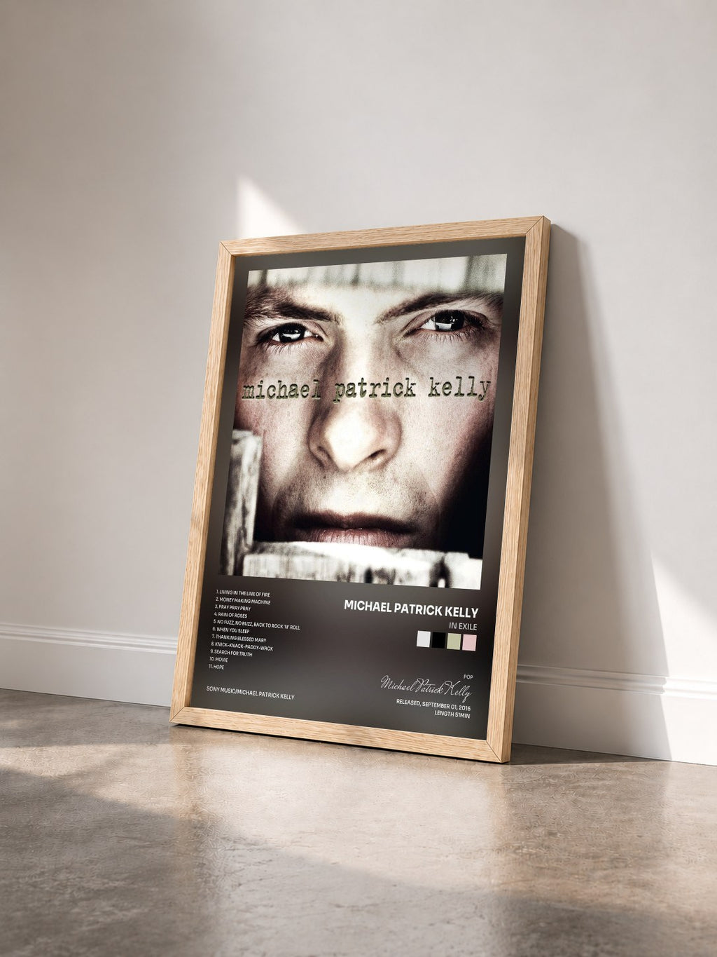 #bois Tableau de l'album In Exile de Michael Patrick Kelly vu de trois quarts, cadre en bois brut