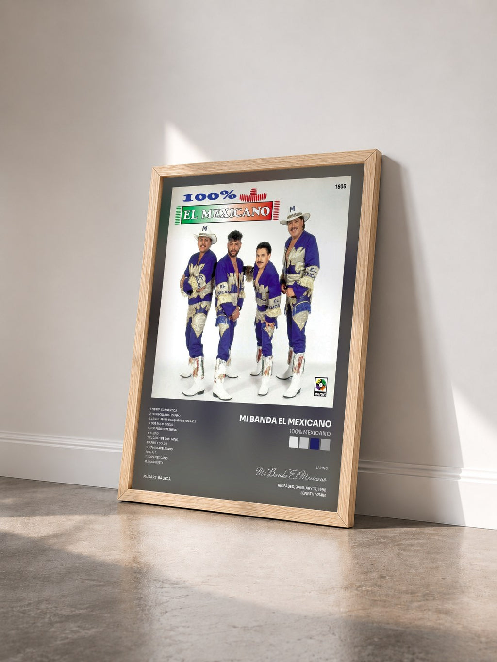 #bois Tableau de l'album 100% Mexicano de Mi Banda El Mexicano vu de trois quarts, cadre en bois brut
