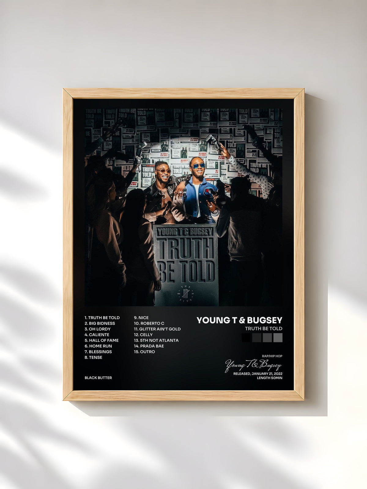 #bois Tableau de l'album Truth Be Told de Young T & Bugsey, cadre en bois brut, imprimé et encadré en France