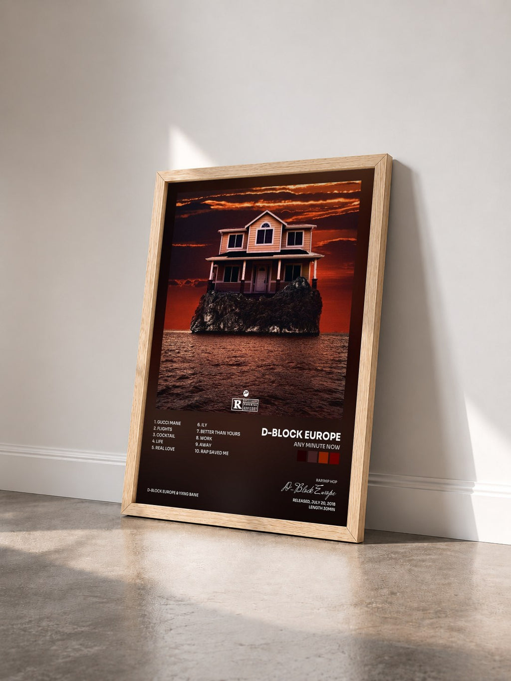 #bois Tableau de l'album Any Minute Now de D-Block Europe vu de trois quarts, cadre en bois brut
