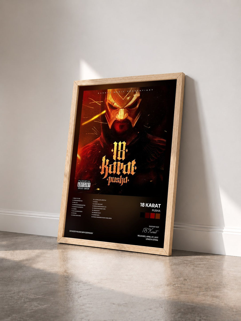 #bois Tableau de l'album PUSHA de 18 Karat vu de trois quarts, cadre en bois brut