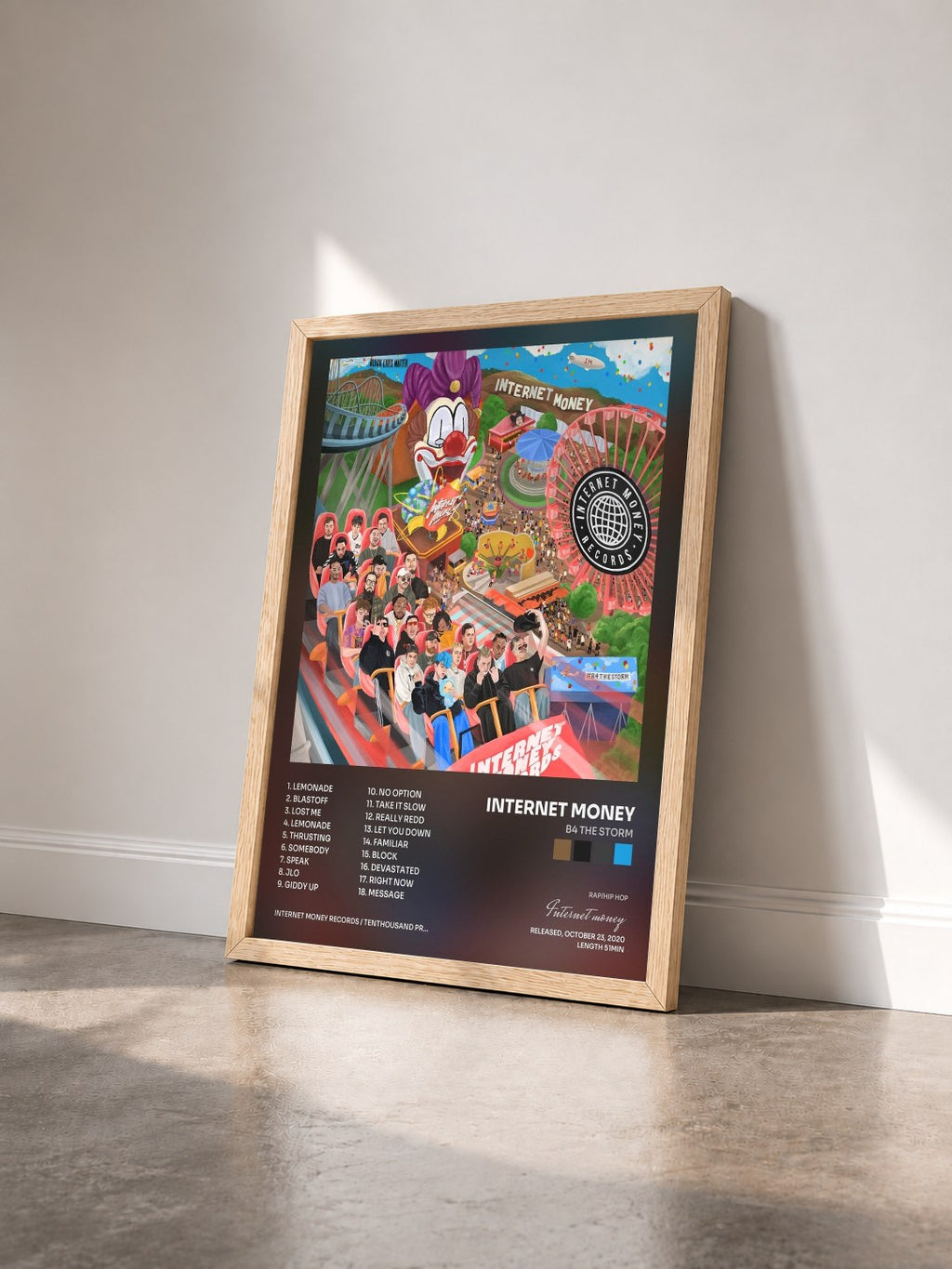 #bois Tableau de l'album B4 The Storm de Internet money vu de trois quarts, cadre en bois brut