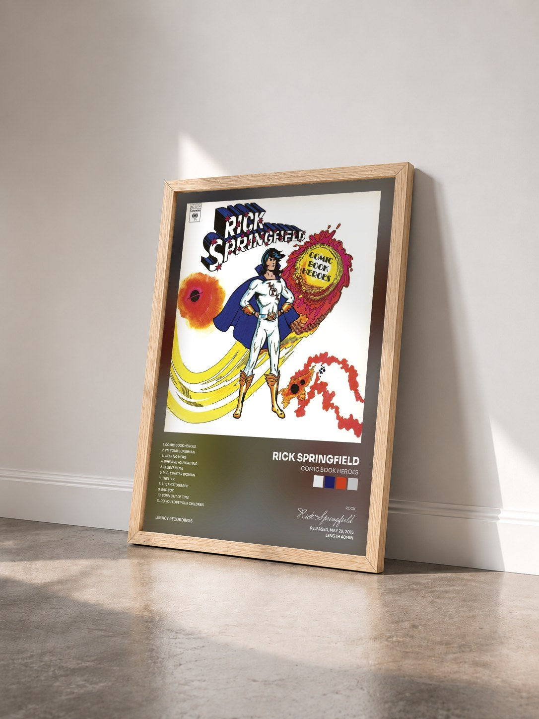 #bois Tableau de l'album Comic Book Heroes de Rick Springfield vu de trois quarts, cadre en bois brut