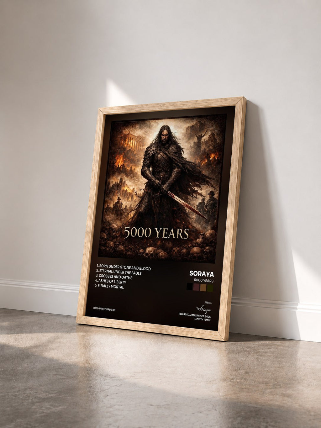 #bois Tableau de l'album 5000 years de Soraya vu de trois quarts, cadre en bois brut