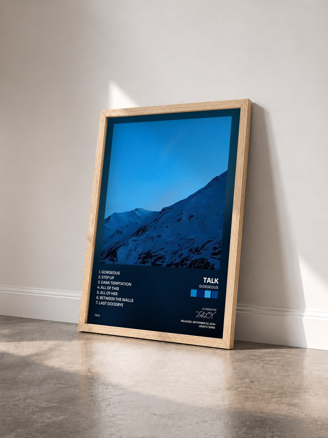 #bois Tableau de l'album Gorgeous de TALK vu de trois quarts, cadre en bois brut