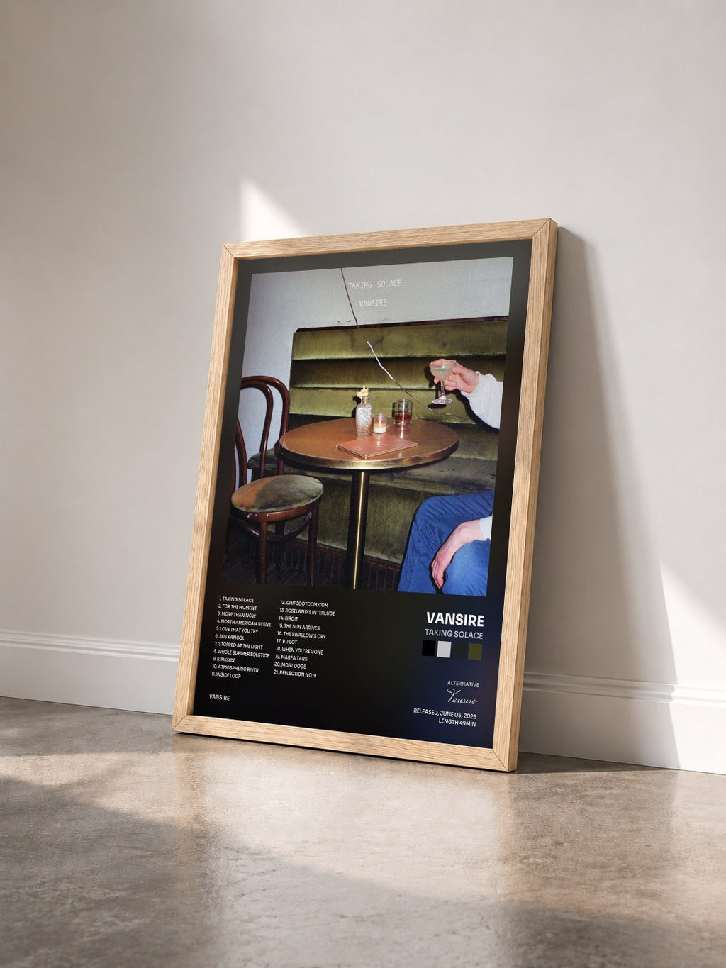 #bois Tableau de l'album Taking Solace de Vansire vu de trois quarts, cadre en bois brut