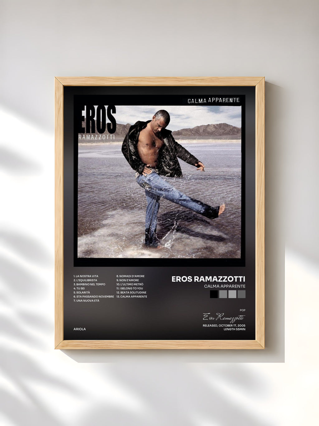 #bois Tableau de l'album Calma Apparente de Eros Ramazzotti, cadre en bois brut, imprimé et encadré en France