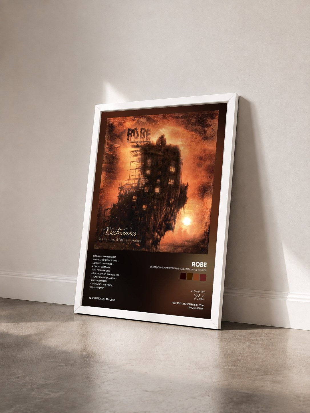#blanc Tableau de l'album Destrozares, Canciones para el Final de los Tiempos de Robe vu de trois quarts, cadre blanc