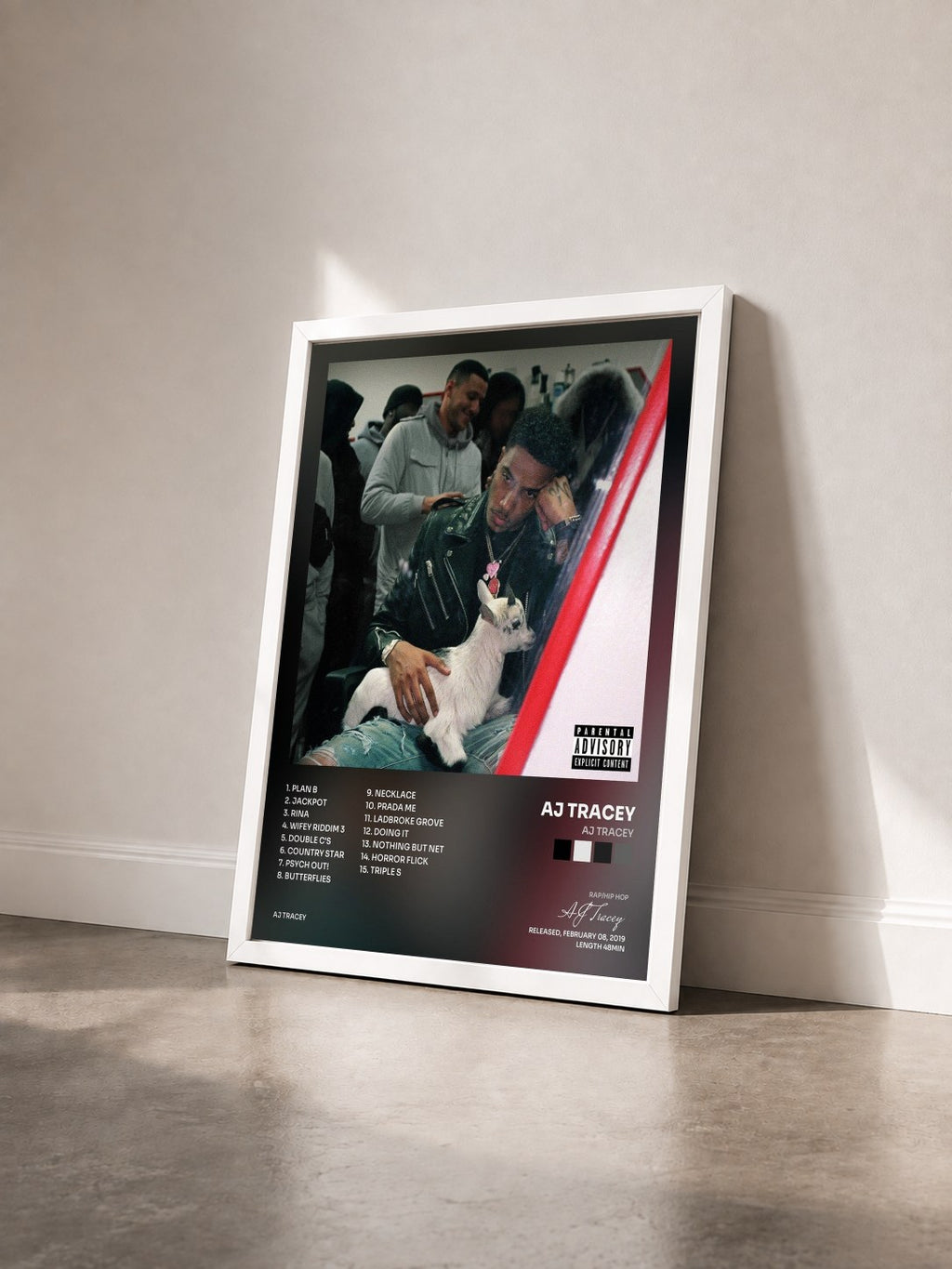 #blanc Tableau de l'album AJ Tracey de AJ Tracey vu de trois quarts, cadre blanc