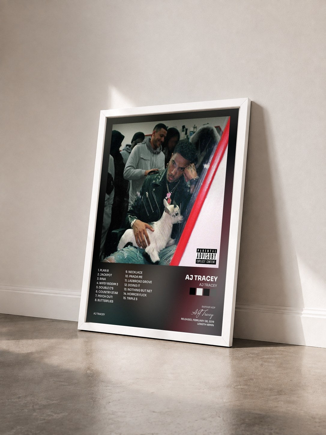 #blanc Tableau de l'album AJ Tracey de AJ Tracey vu de trois quarts, cadre blanc