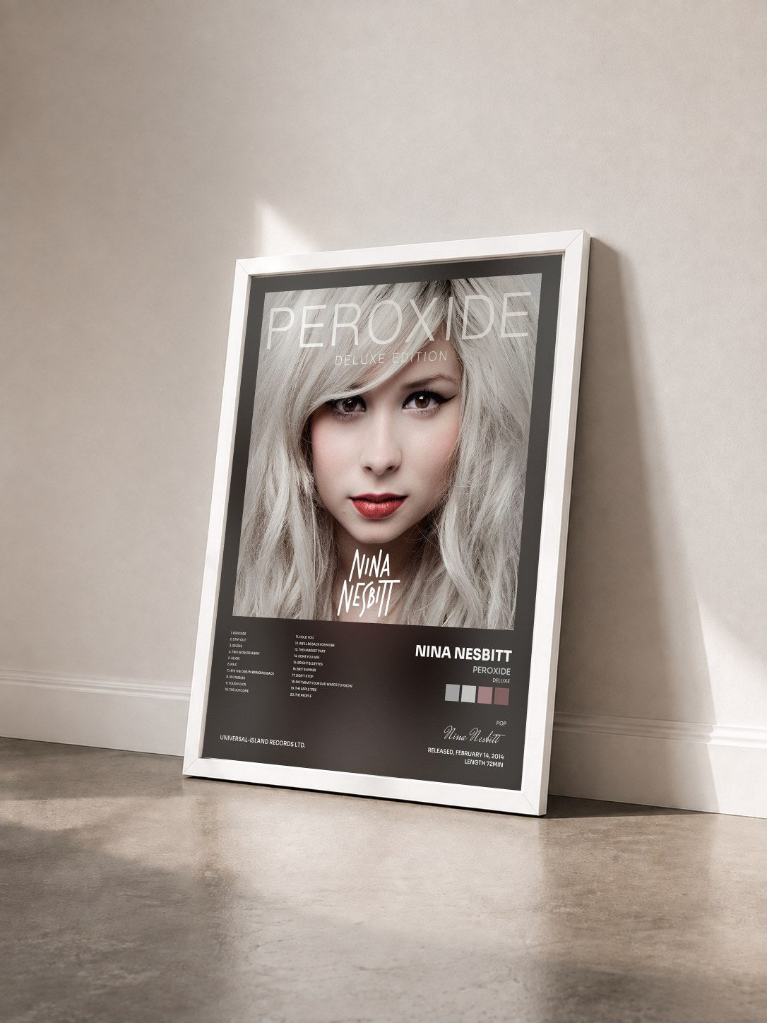 #blanc Tableau de l'album Peroxide (Deluxe) de Nina Nesbitt vu de trois quarts, cadre blanc