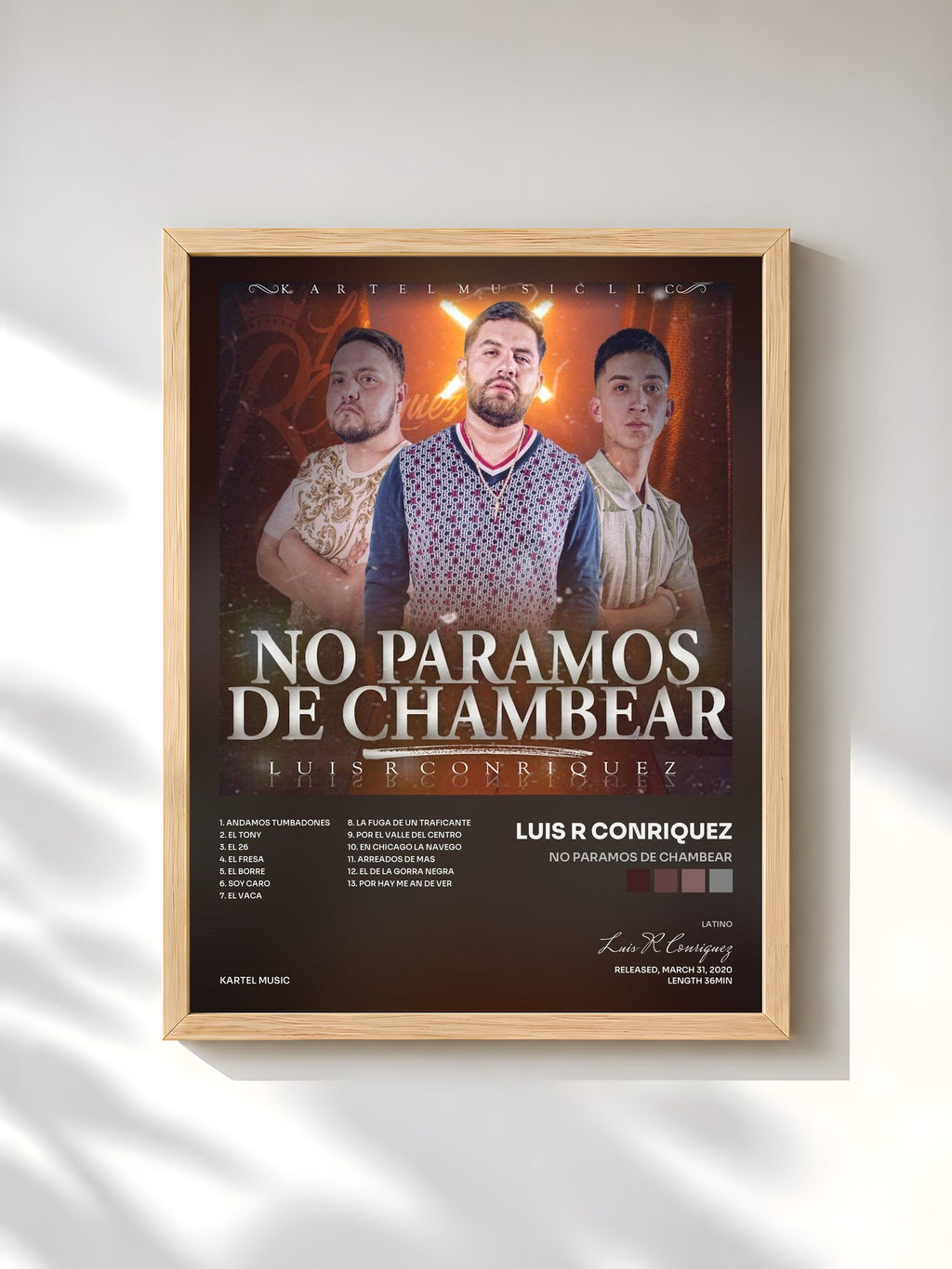#bois Tableau de l'album No Paramos de Chambear de Luis R Conriquez, cadre en bois brut, imprimé et encadré en France