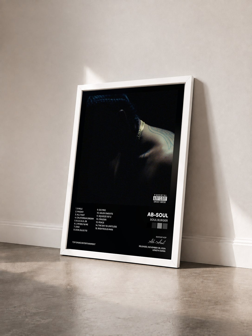 #blanc Tableau de l'album Soul Burger de Ab-Soul vu de trois quarts, cadre blanc