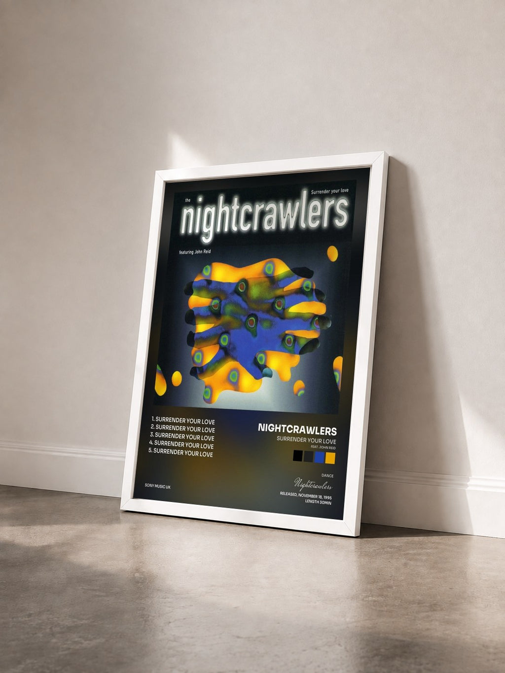 #blanc Tableau de l'album Surrender Your Love (feat. John Reid) de Nightcrawlers vu de trois quarts, cadre blanc