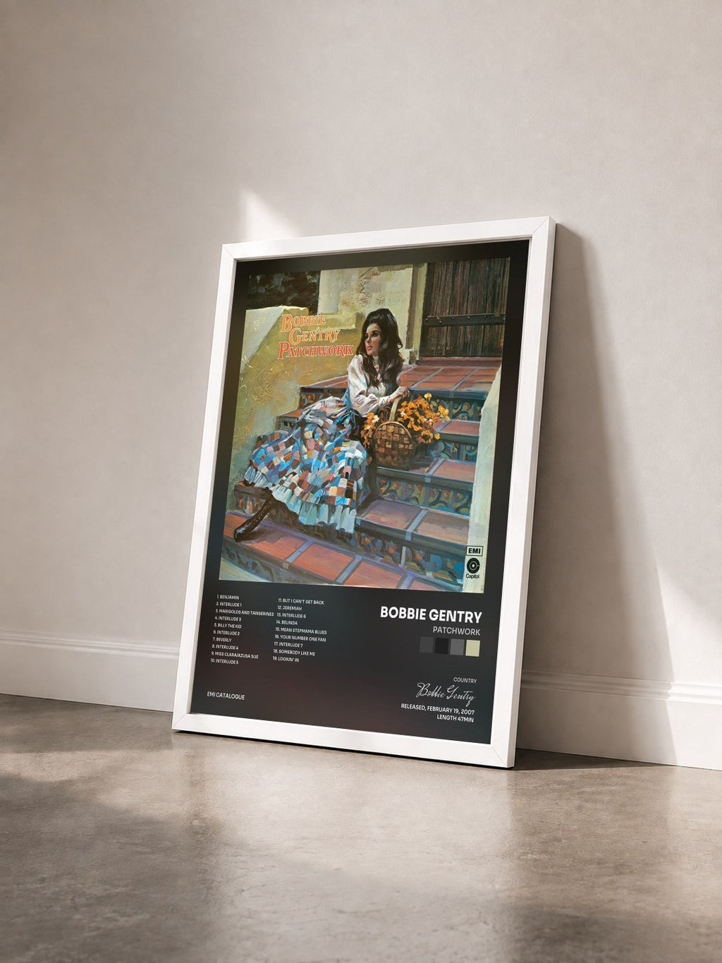 #blanc Tableau de l'album Patchwork de Bobbie Gentry vu de trois quarts, cadre blanc