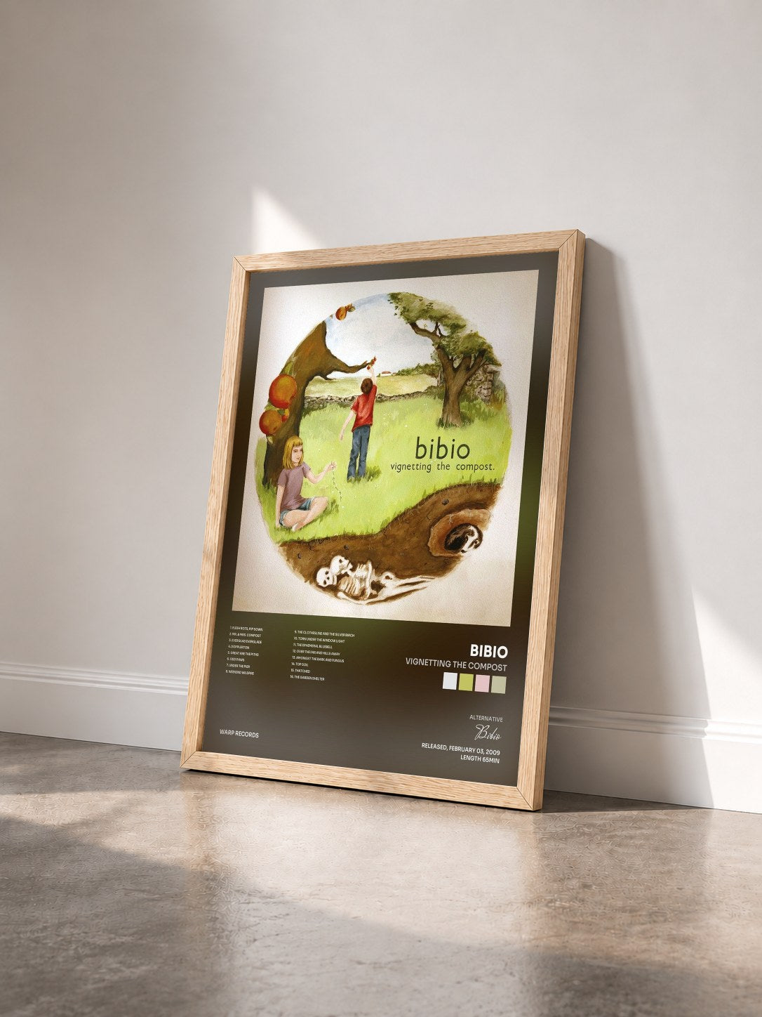 #bois Tableau de l'album Vignetting The Compost de Bibio vu de trois quarts, cadre en bois brut