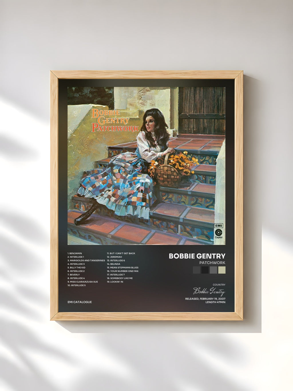 #bois Tableau de l'album Patchwork de Bobbie Gentry, cadre en bois brut, imprimé et encadré en France