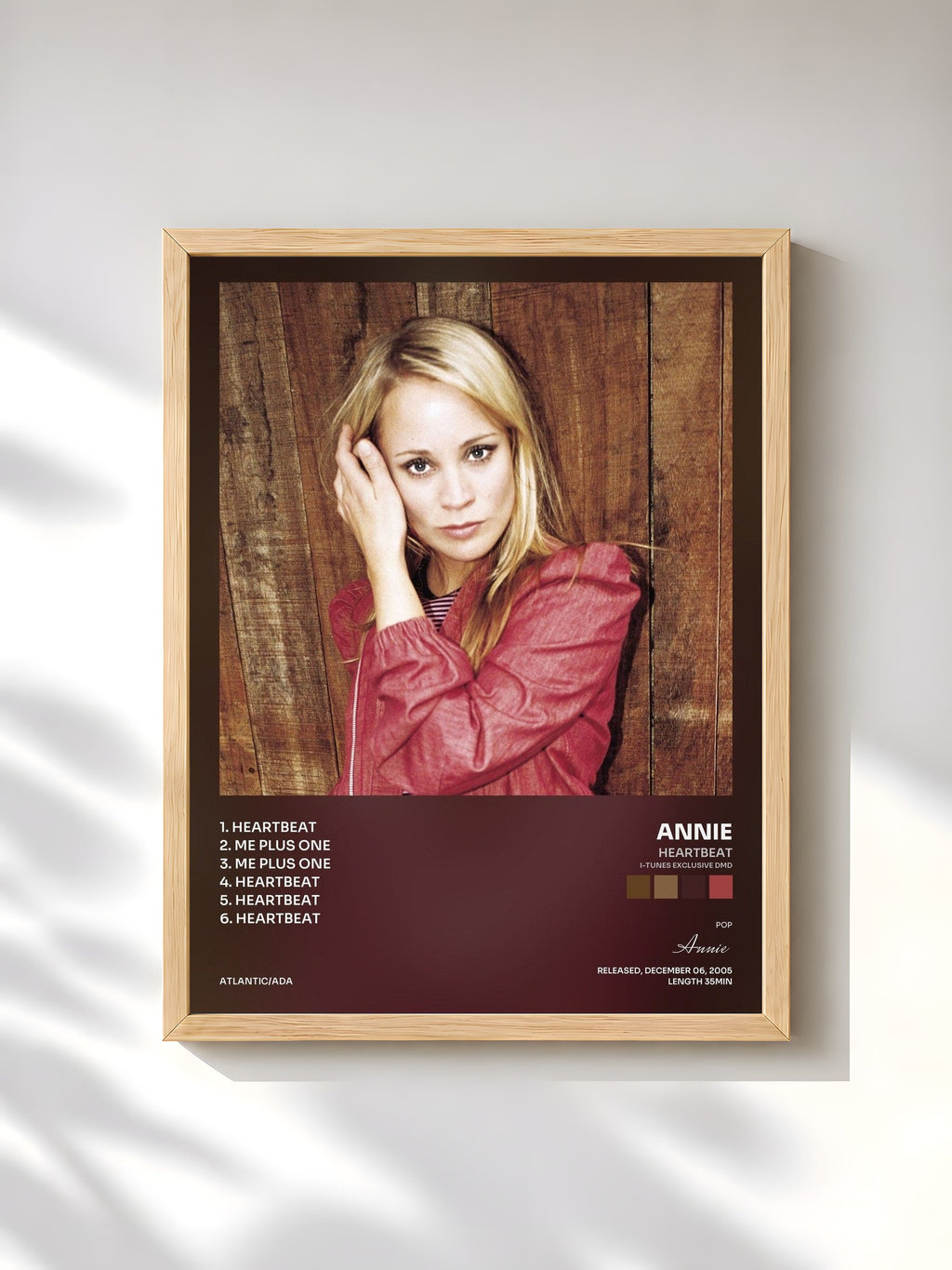 #bois Tableau de l'album Heartbeat (i-Tunes exclusive DMD) de Annie, cadre en bois brut, imprimé et encadré en France