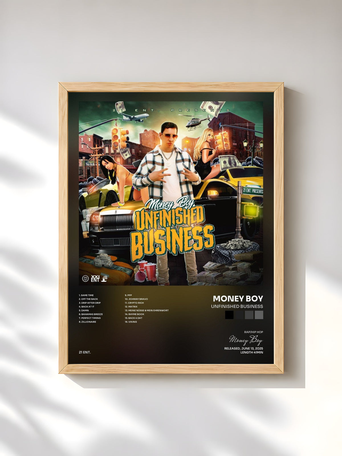 #bois Tableau de l'album Unfinished Business de Money Boy, cadre en bois brut, imprimé et encadré en France