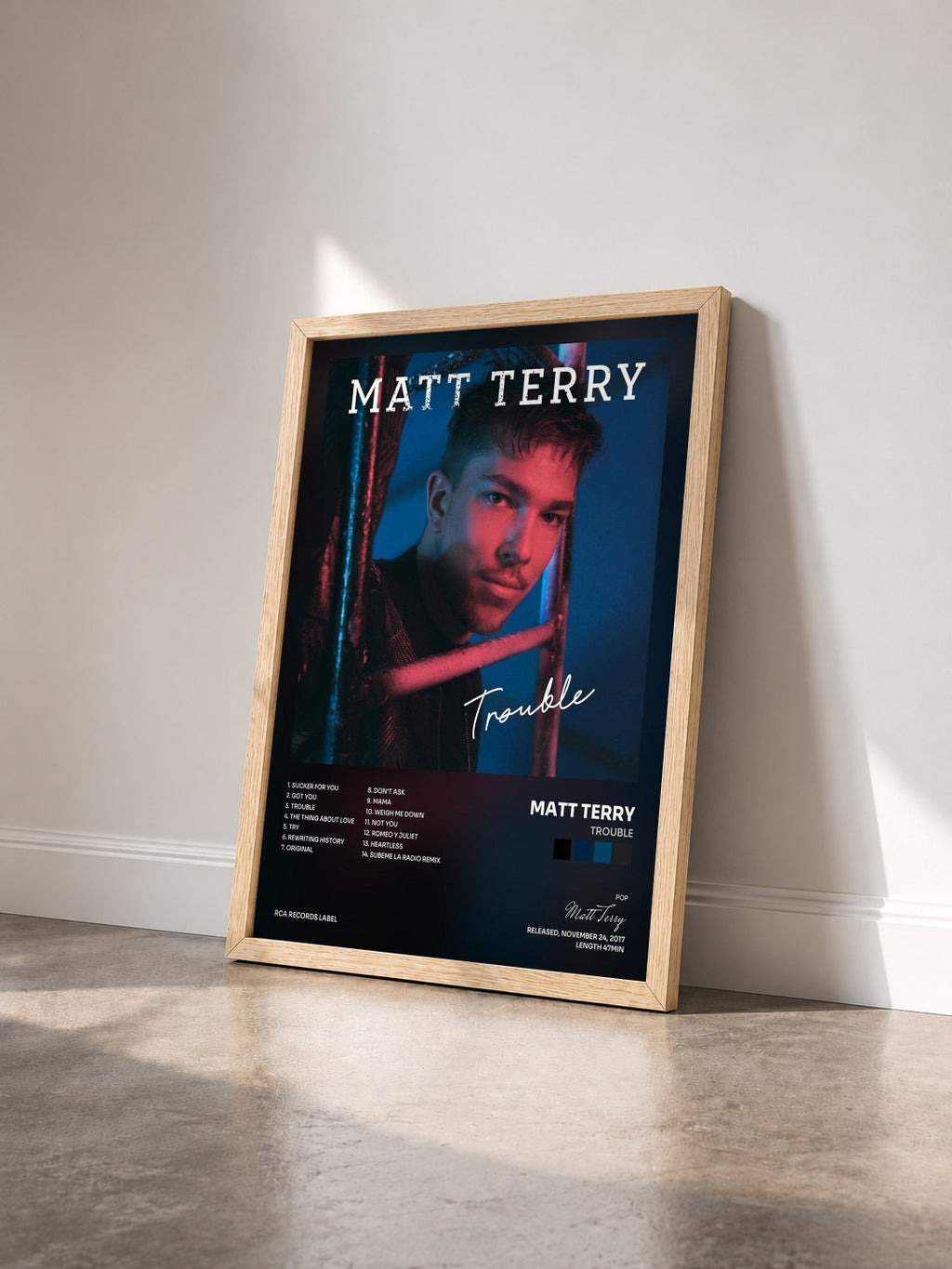 #bois Tableau de l'album Trouble de Matt Terry vu de trois quarts, cadre en bois brut