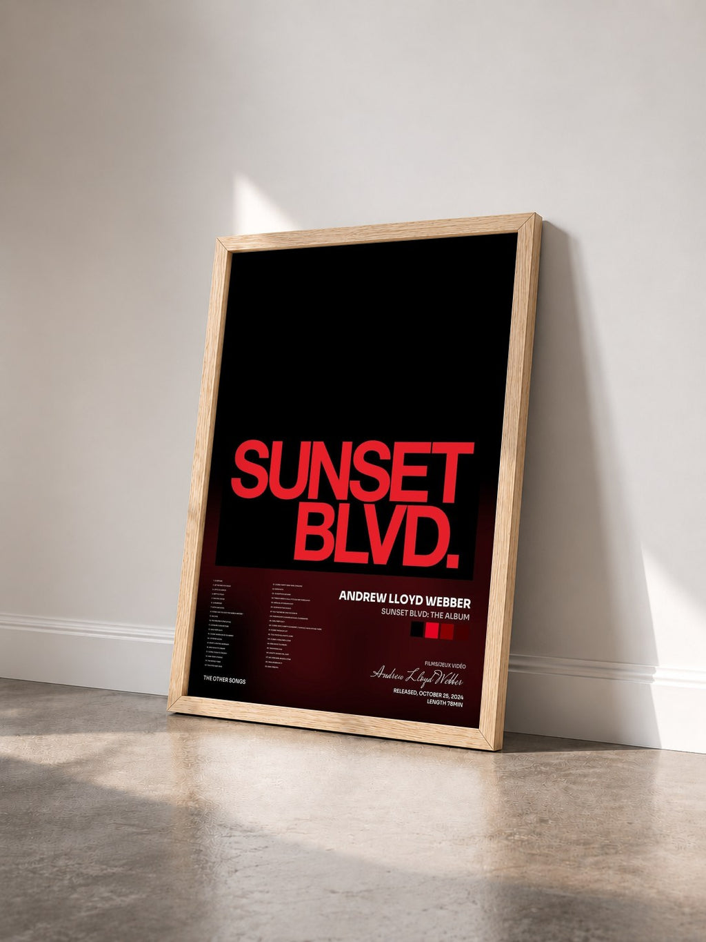 #bois Tableau de l'album SUNSET BLVD: The Album de Andrew Lloyd Webber vu de trois quarts, cadre en bois brut