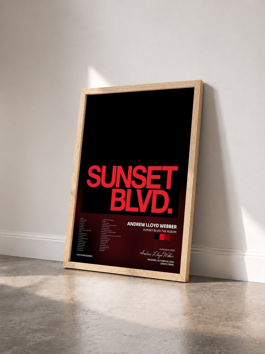 #bois Tableau de l'album SUNSET BLVD: The Album de Andrew Lloyd Webber vu de trois quarts, cadre en bois brut