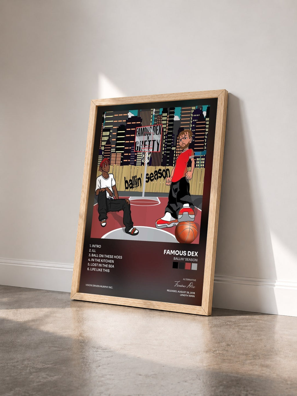 #bois Tableau de l'album Ballin' Season de Famous Dex vu de trois quarts, cadre en bois brut