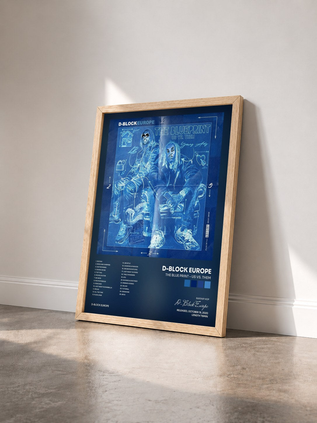#bois Tableau de l'album The Blue Print – Us Vs. Them de D-Block Europe vu de trois quarts, cadre en bois brut