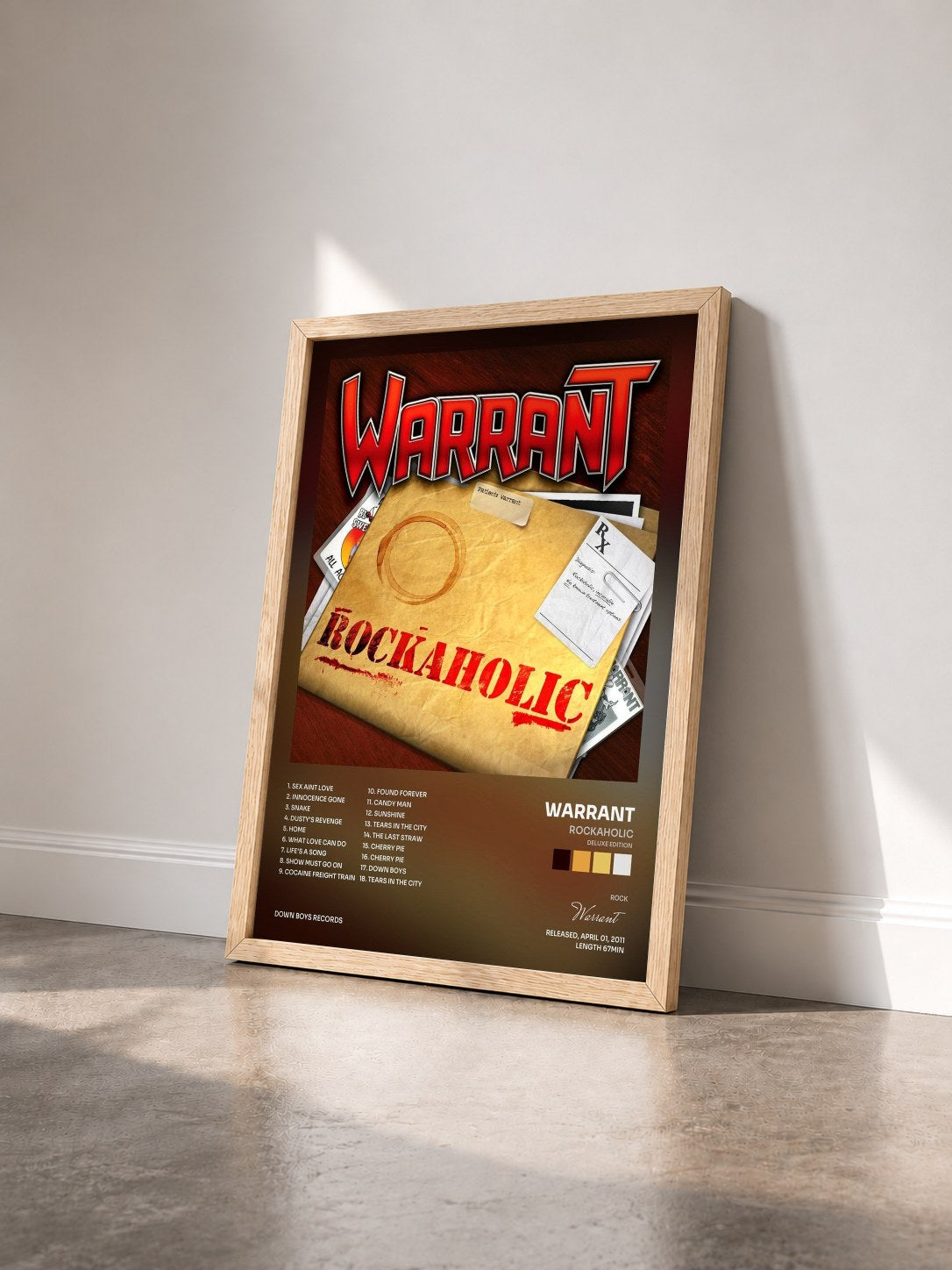 #bois Tableau de l'album Rockaholic (Deluxe Edition) de Warrant vu de trois quarts, cadre en bois brut