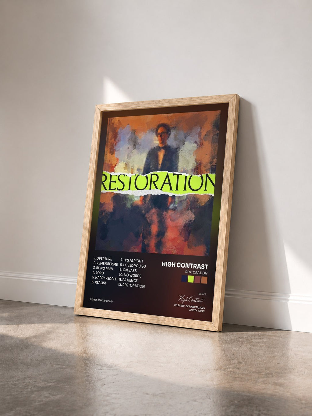 #bois Tableau de l'album Restoration de High Contrast vu de trois quarts, cadre en bois brut
