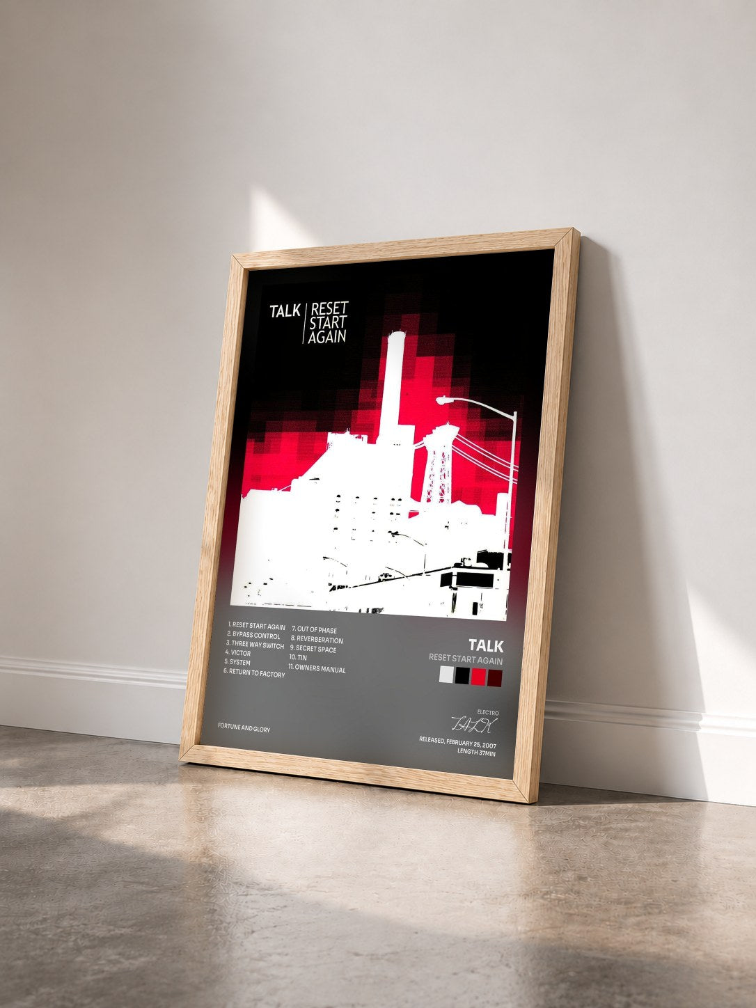 #bois Tableau de l'album Reset Start Again de TALK vu de trois quarts, cadre en bois brut