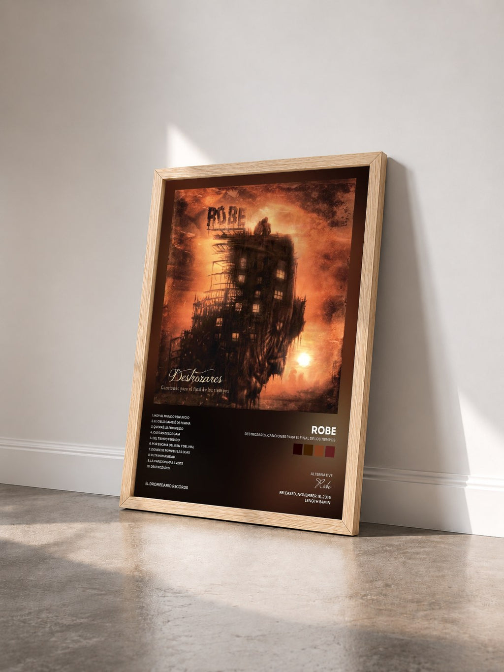 #bois Tableau de l'album Destrozares, Canciones para el Final de los Tiempos de Robe vu de trois quarts, cadre en bois brut