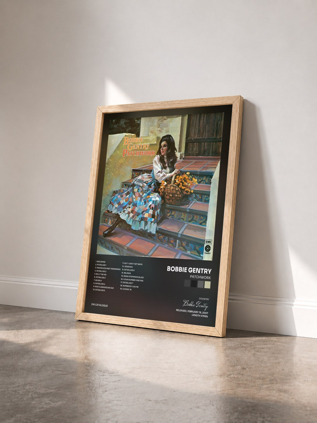 #bois Tableau de l'album Patchwork de Bobbie Gentry vu de trois quarts, cadre en bois brut