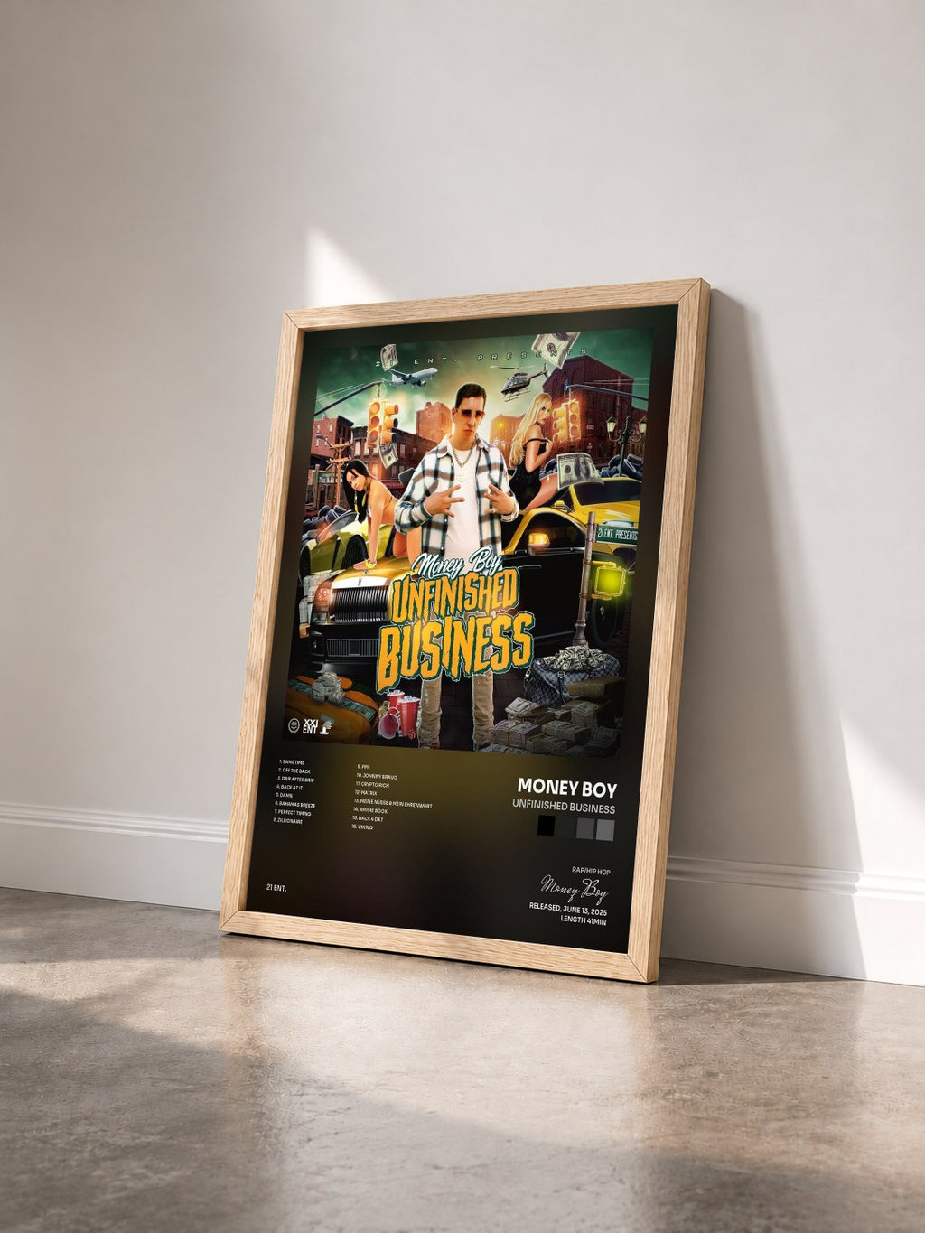 #bois Tableau de l'album Unfinished Business de Money Boy vu de trois quarts, cadre en bois brut