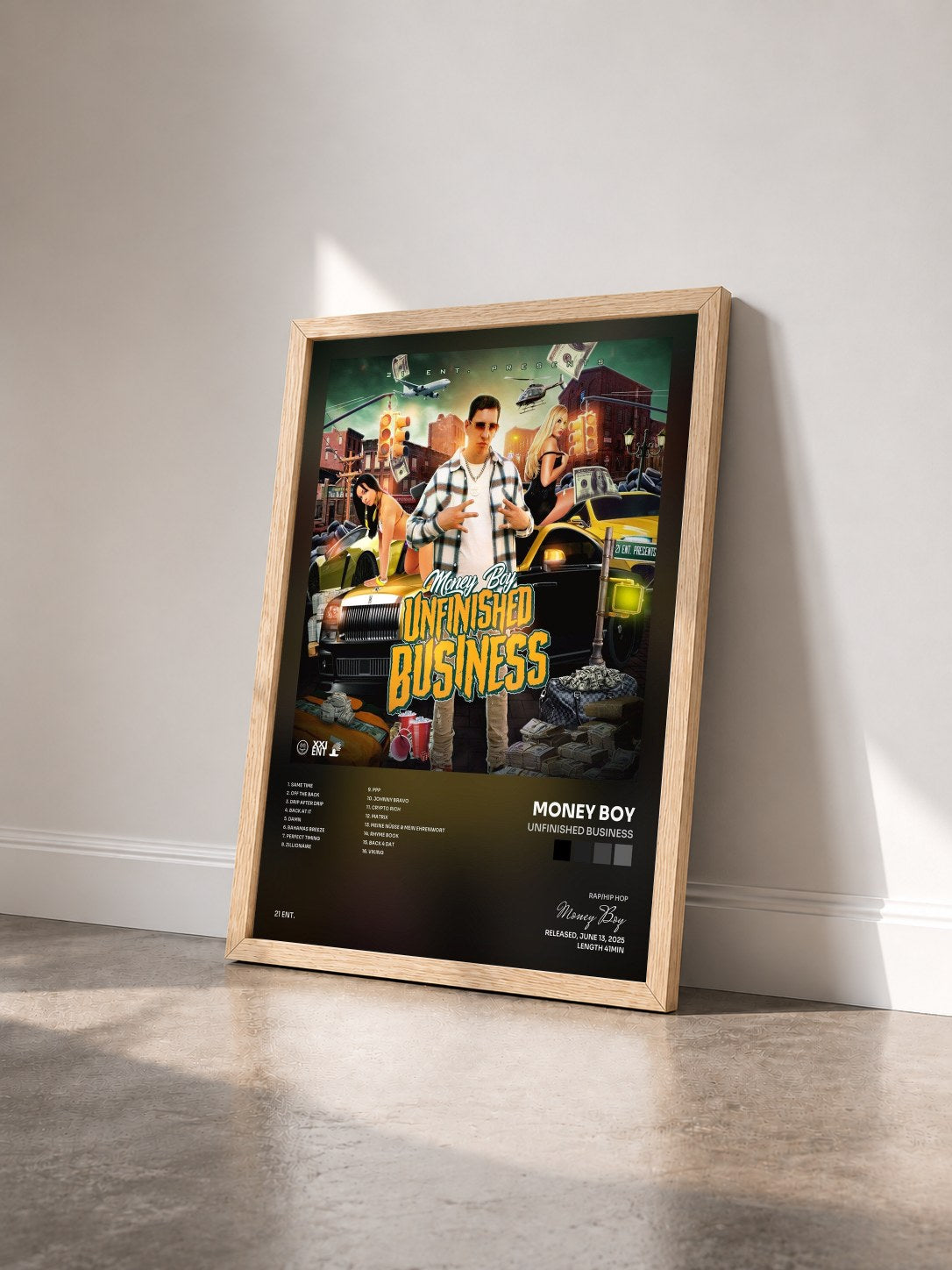 #bois Tableau de l'album Unfinished Business de Money Boy vu de trois quarts, cadre en bois brut