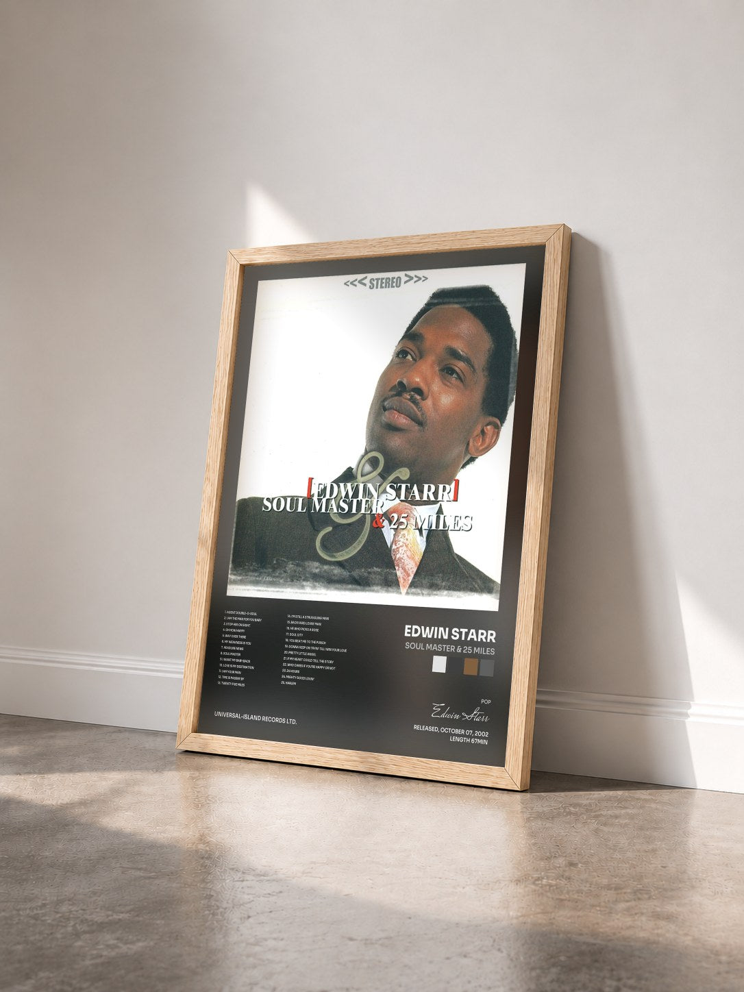 #bois Tableau de l'album Soul Master & 25 Miles de Edwin Starr vu de trois quarts, cadre en bois brut