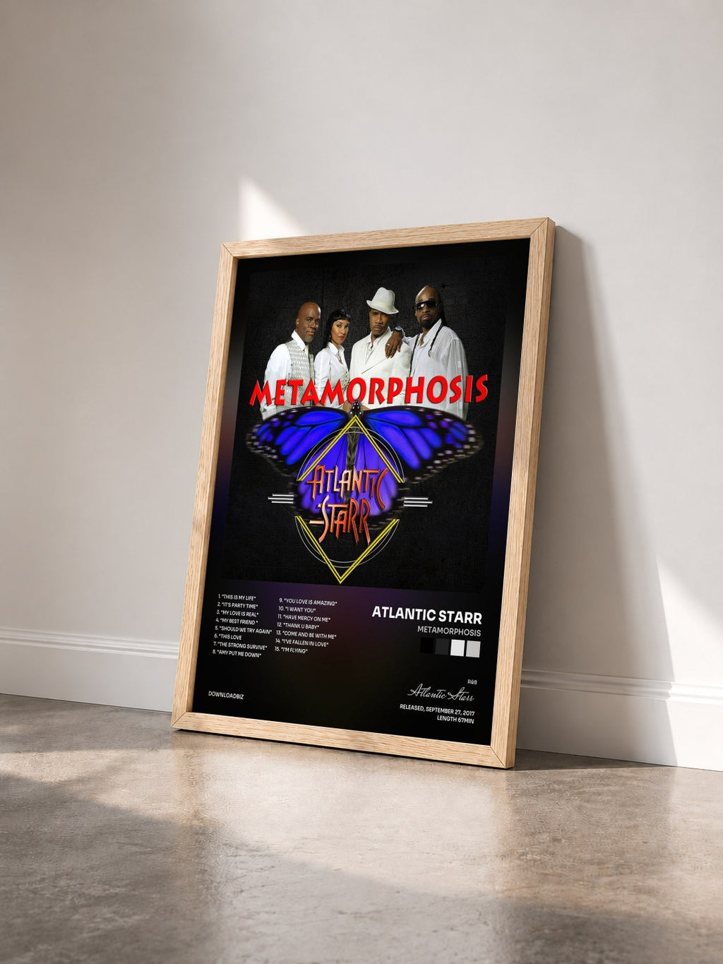 #bois Tableau de l'album Metamorphosis de Atlantic Starr vu de trois quarts, cadre en bois brut