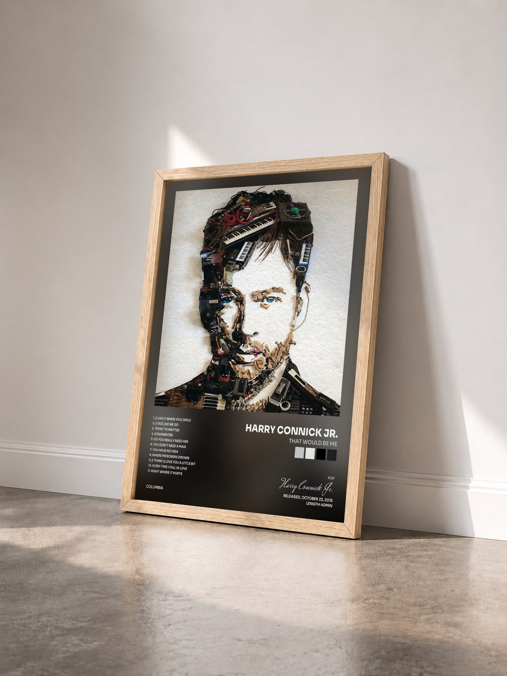 #bois Tableau de l'album That Would Be Me de Harry Connick Jr. vu de trois quarts, cadre en bois brut