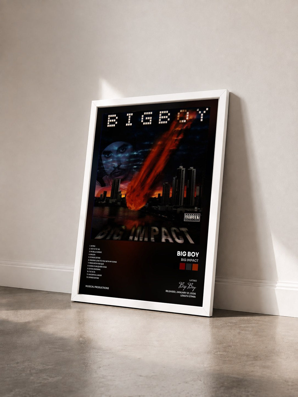 #blanc Tableau de l'album Big Impact de Big Boy vu de trois quarts, cadre blanc