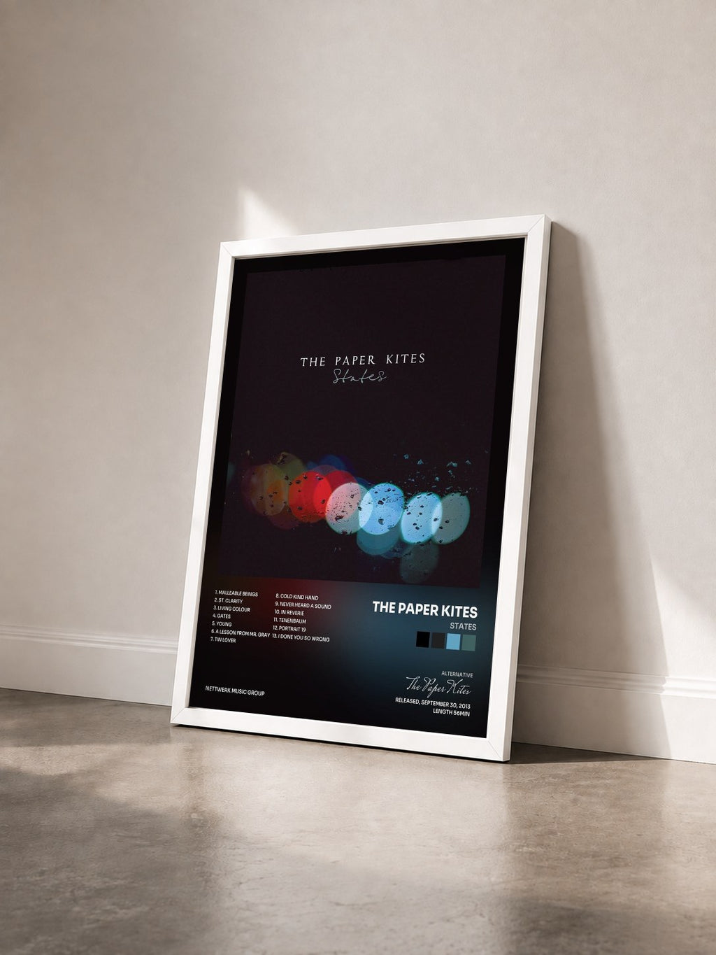 #blanc Tableau de l'album States de The Paper Kites vu de trois quarts, cadre blanc