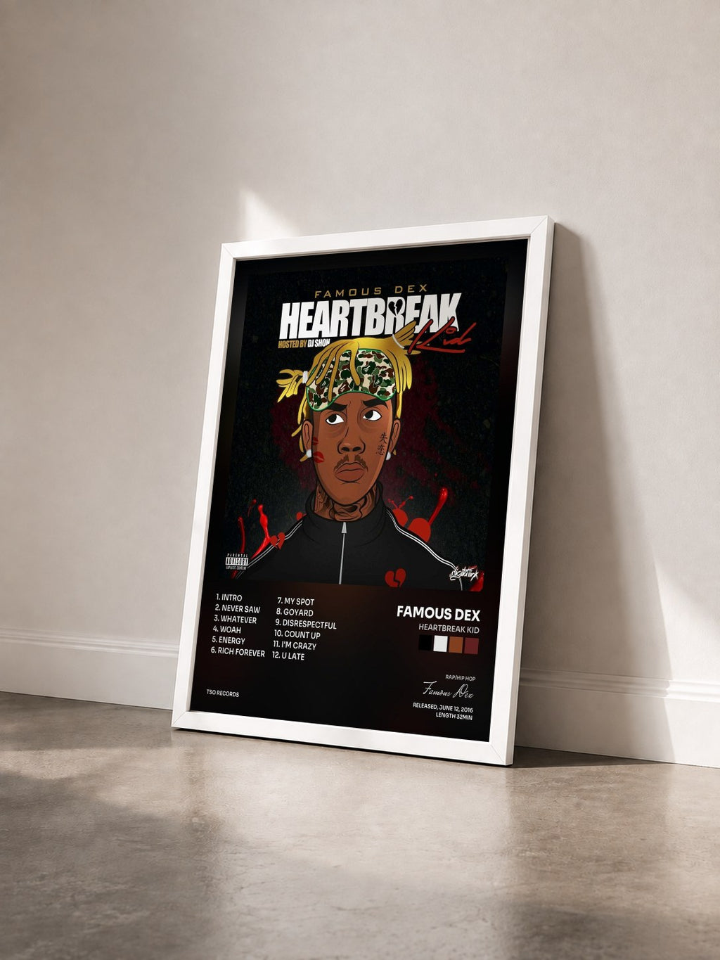 #blanc Tableau de l'album Heartbreak Kid de Famous Dex vu de trois quarts, cadre blanc